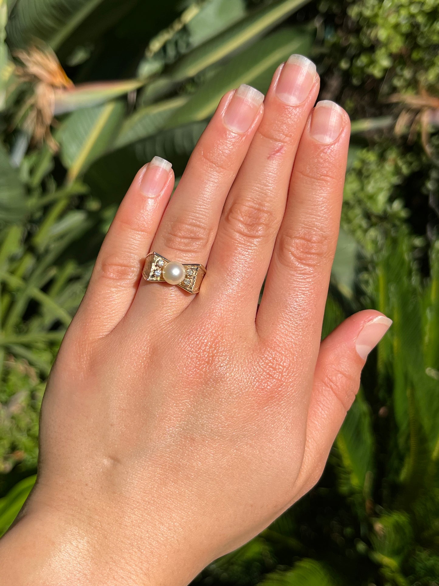 Vintage, 9K gold Akoya pearl and diamond ring