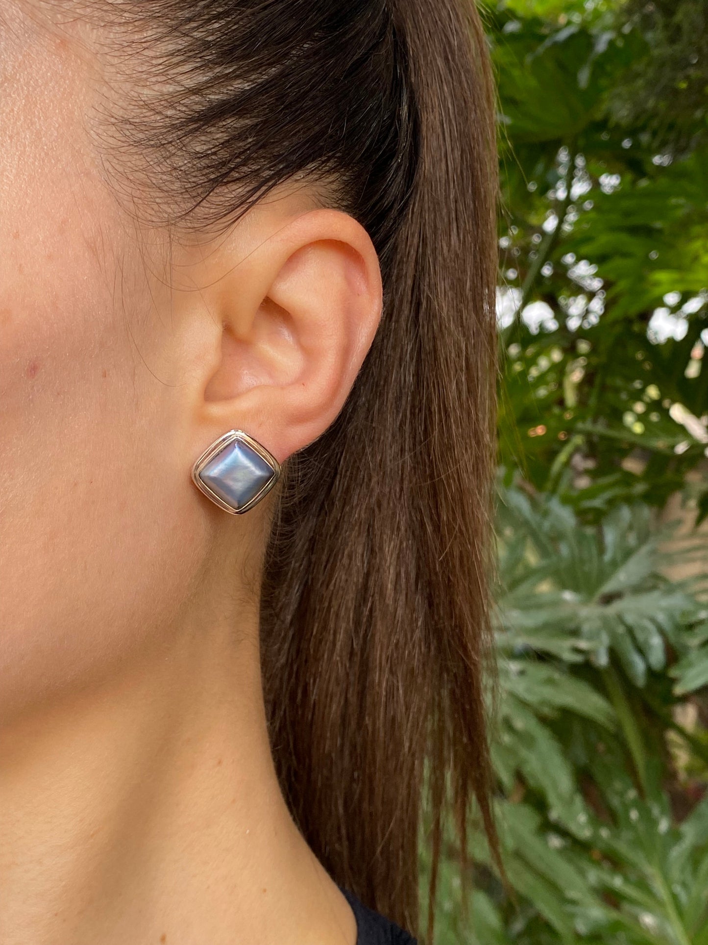 Estate, 9K gold square mabé pearl stud earrings by Jack Friedman