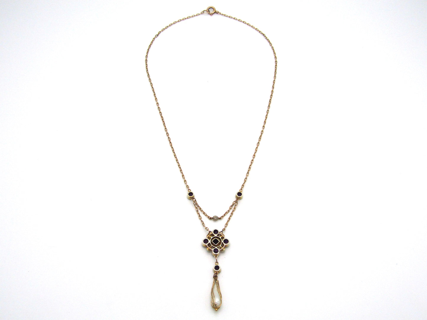 Edwardian, 9K gold amethyst and natural pearl necklace