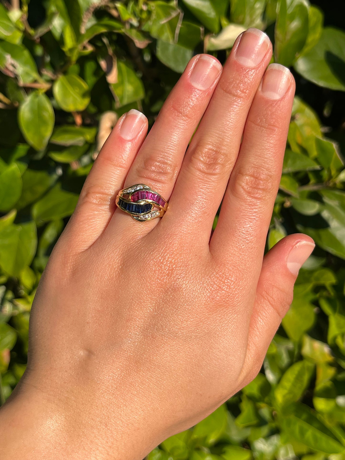 Vintage, 18K gold ruby, sapphire, and diamond bypass ring, c.1980s