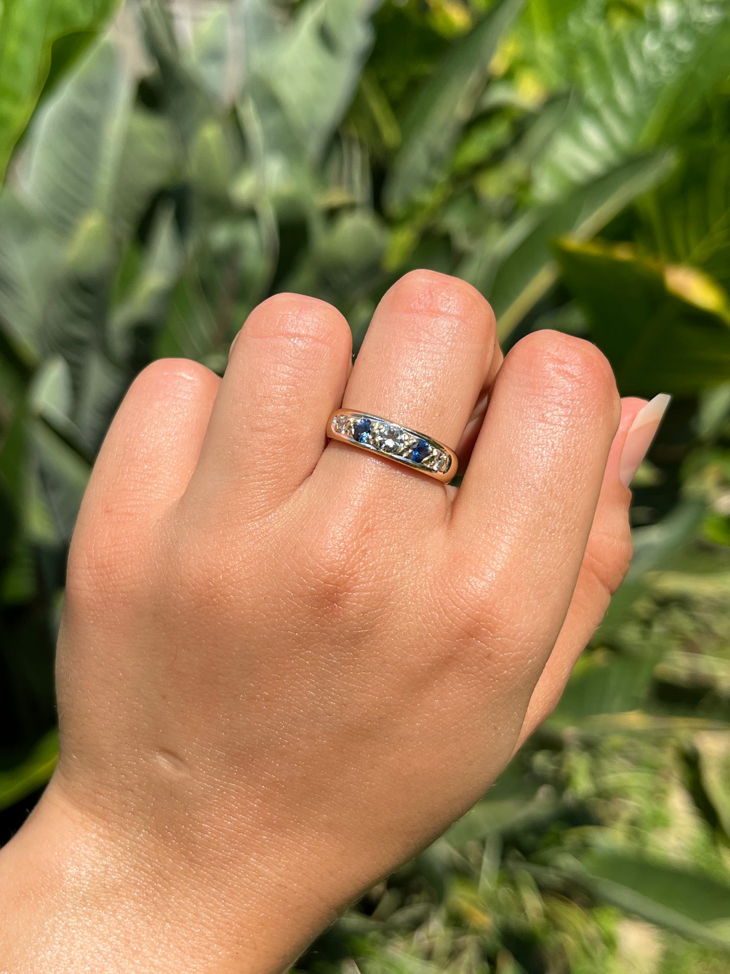 Estate, 18K gold diamond and sapphire half eternity ring