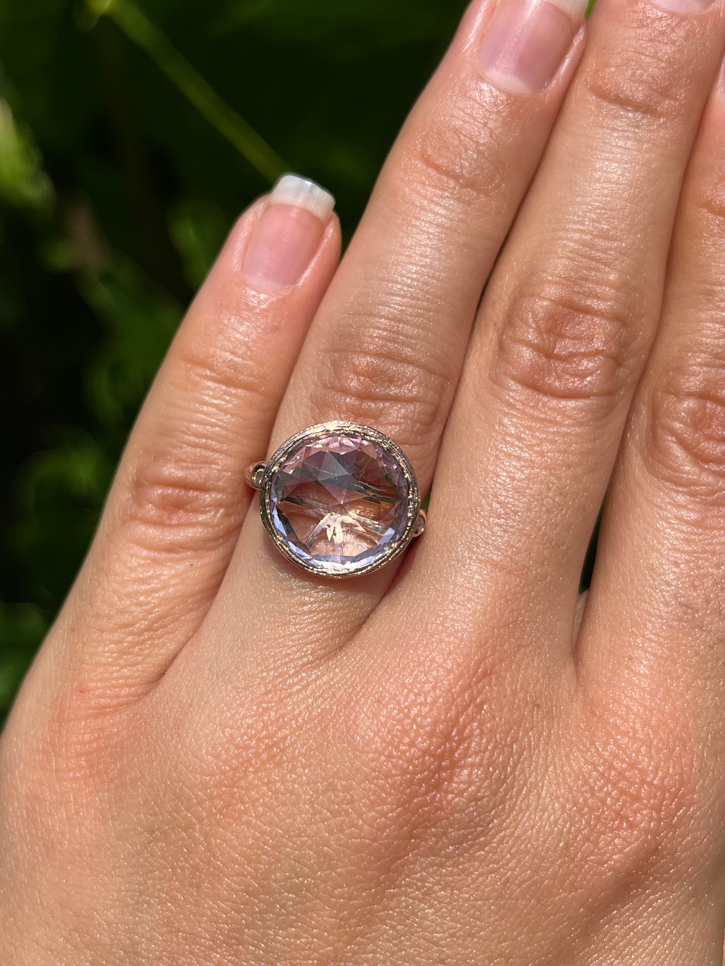 Estate, 9K gold amethyst and diamond ring