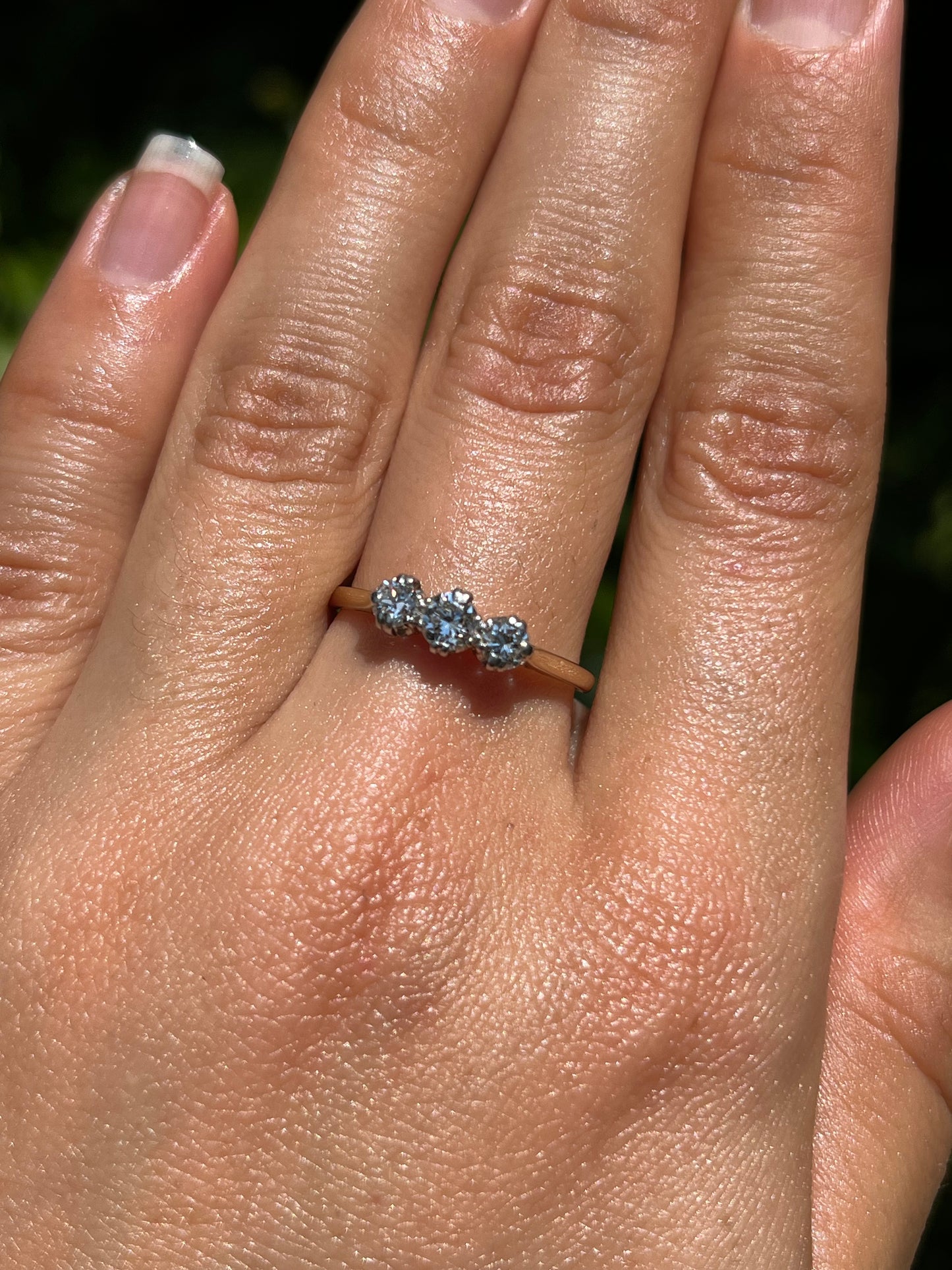 Mid-century 18K gold and platinum three-stone diamond ring