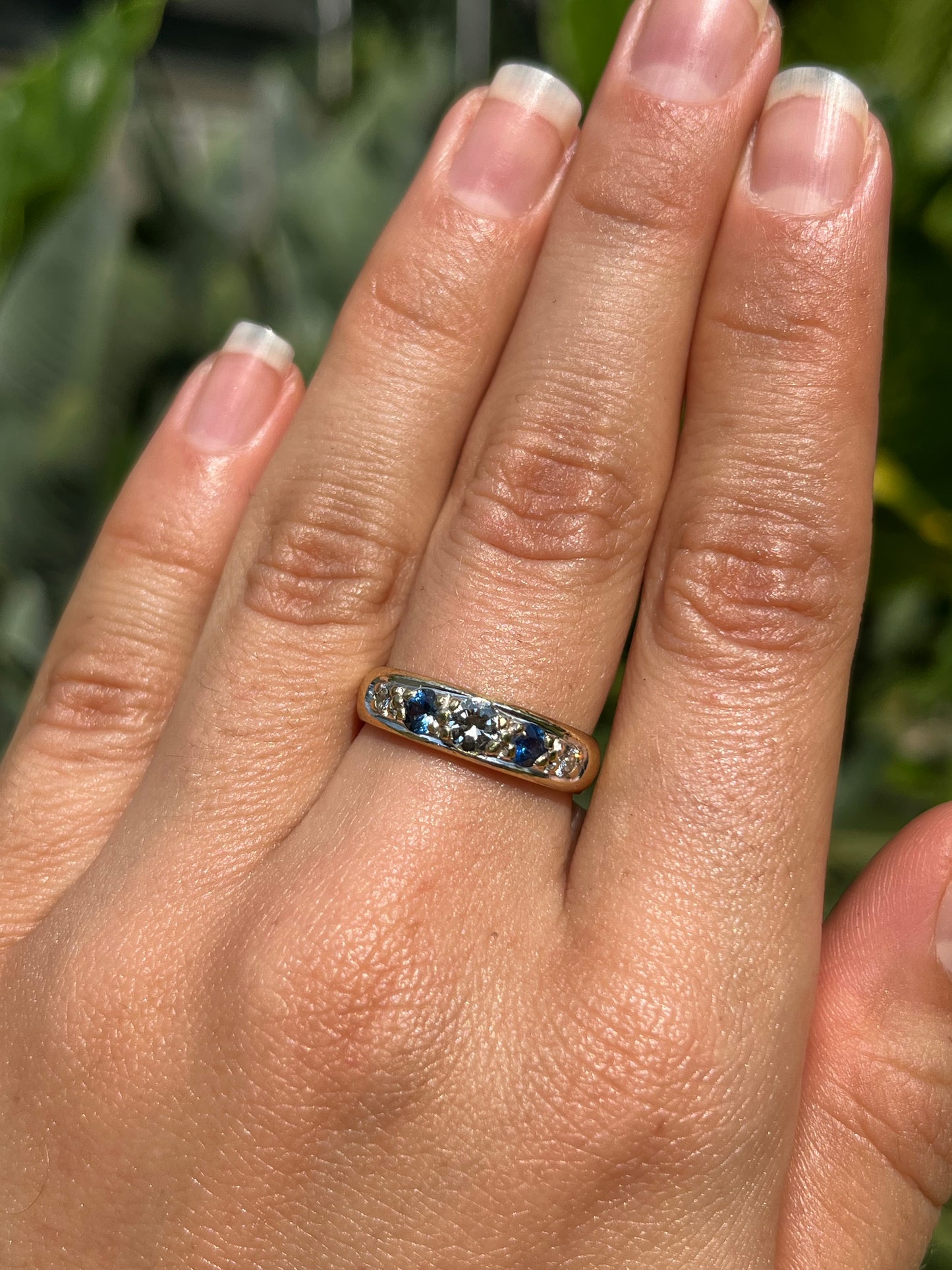 Estate, 18K gold diamond and sapphire half eternity ring