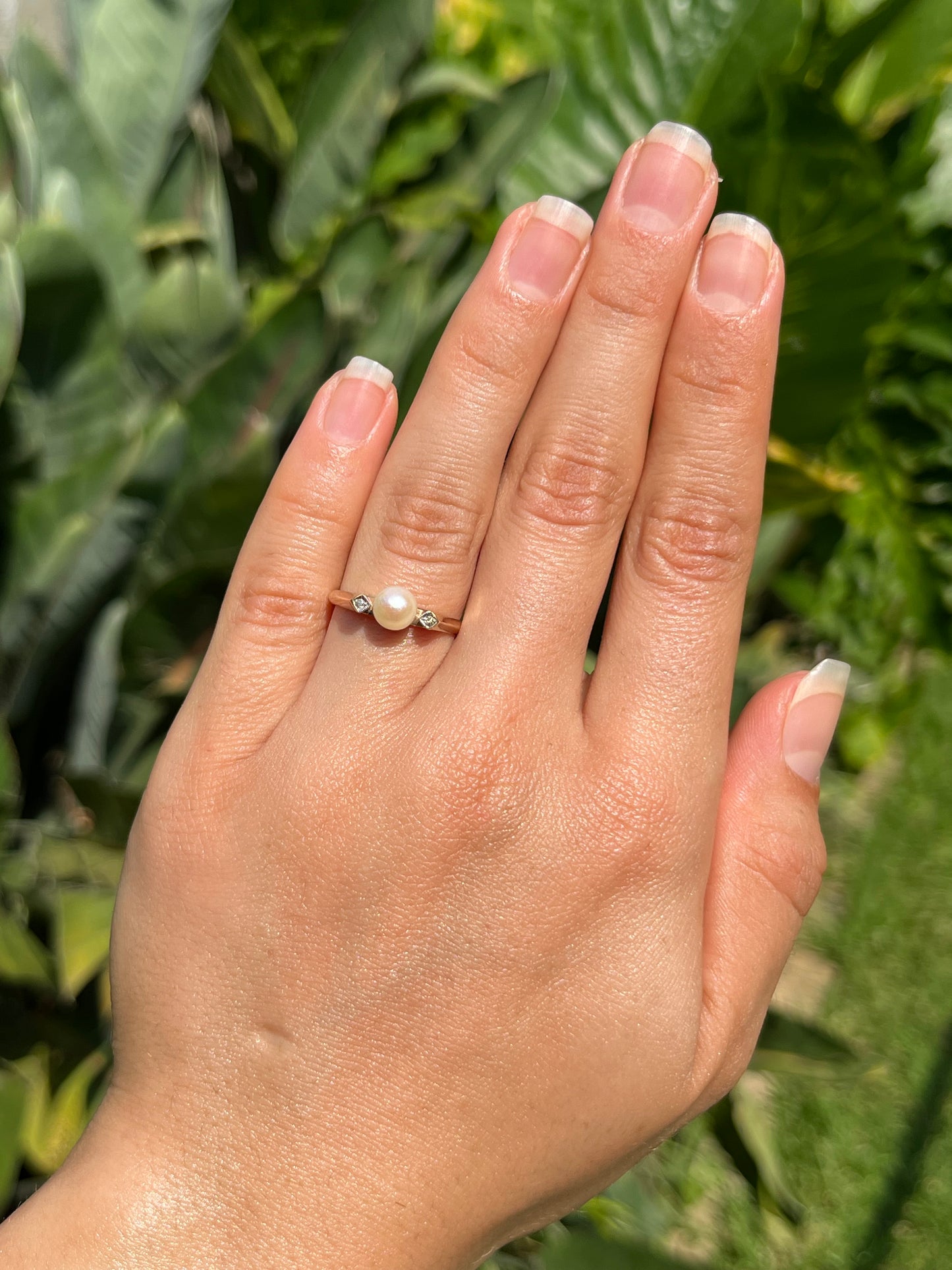 Vintage, 9K gold pearl and diamond ring.