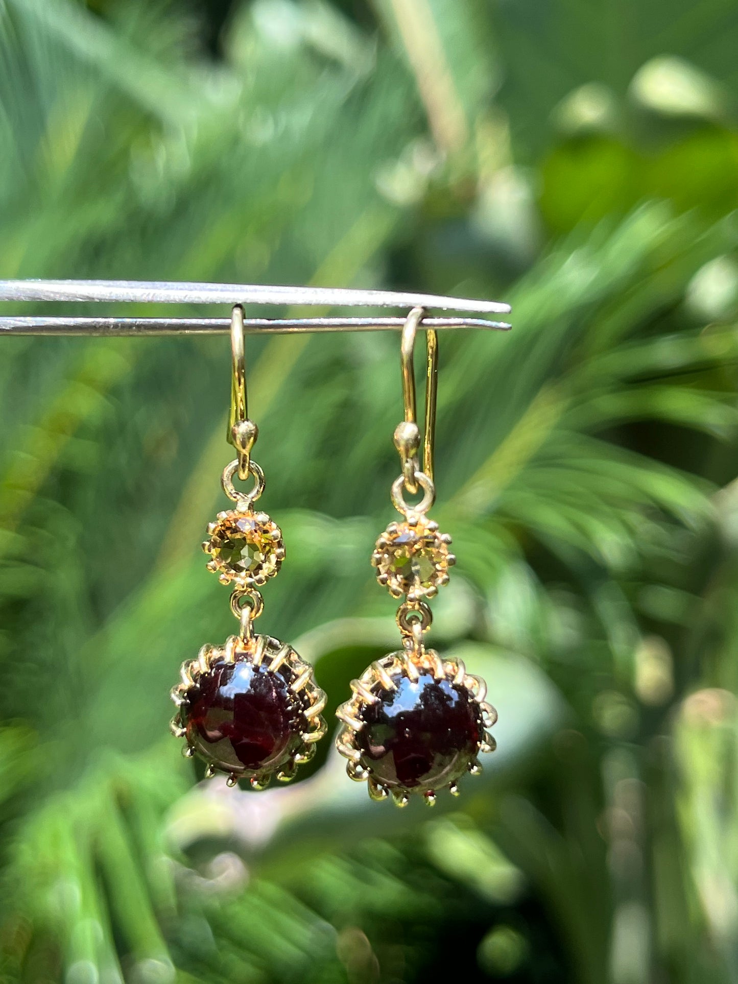 Mid-century, 18K gold garnet and citrine dangle earrings