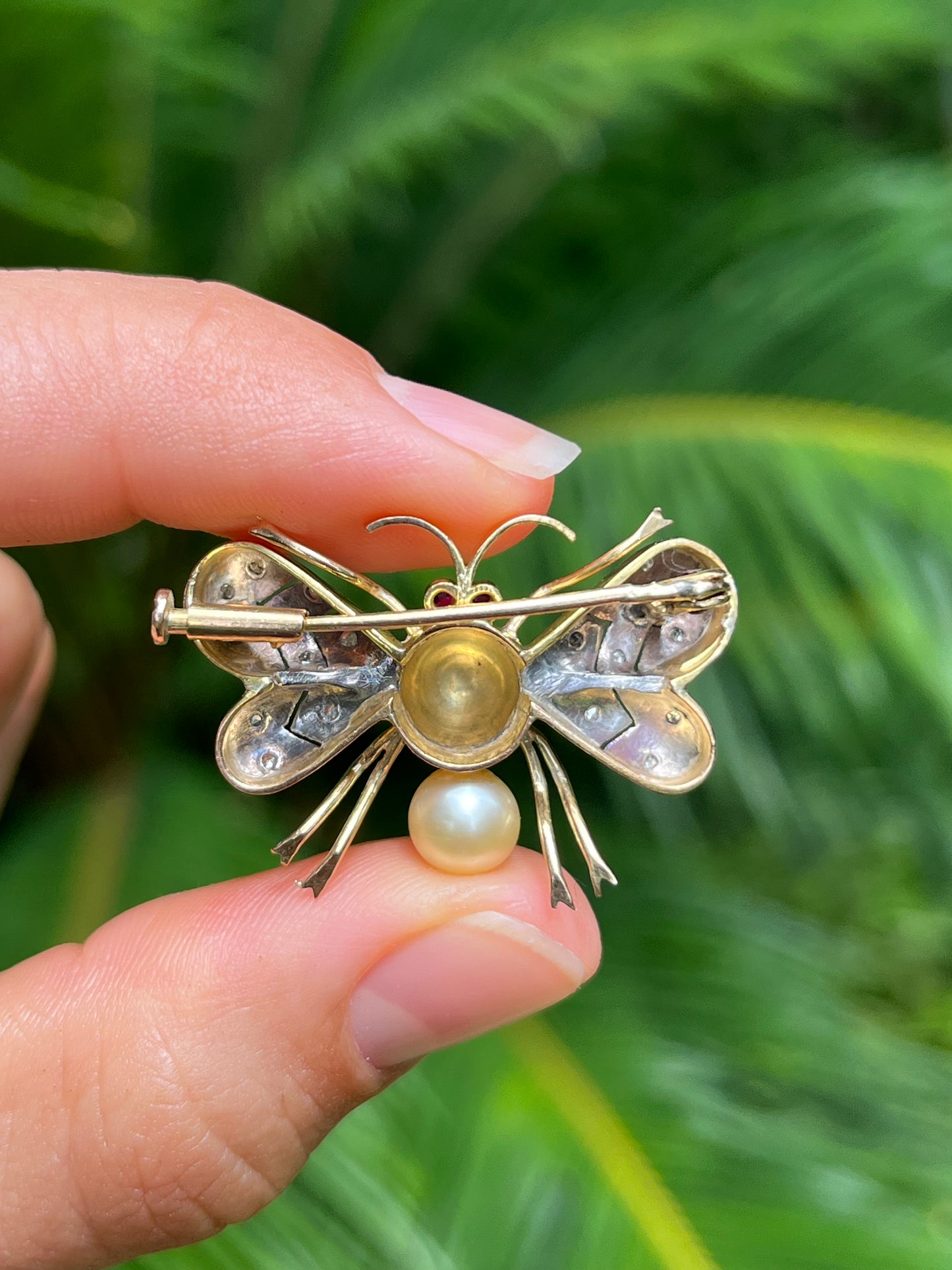 Mid-century, 14K gold ruby, diamond and pearl bee brooch