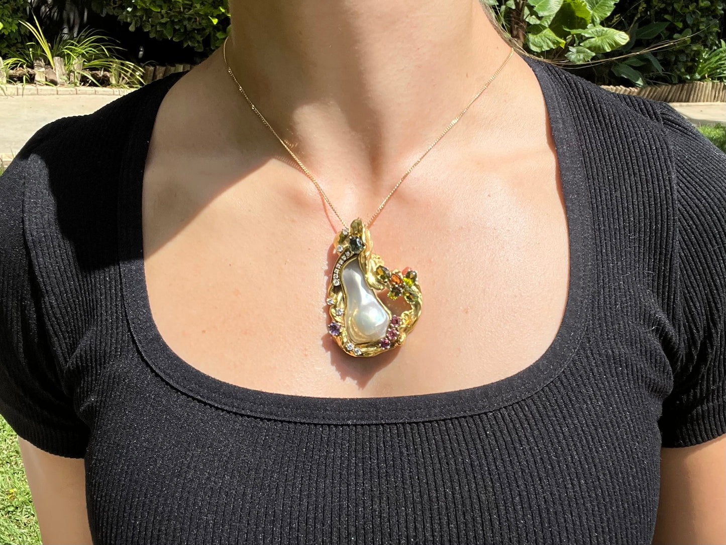 Vintage, designer 9K gold  mabé pearl, sapphire, tourmaline, citrine, amethyst, and diamond necklace enhancer.