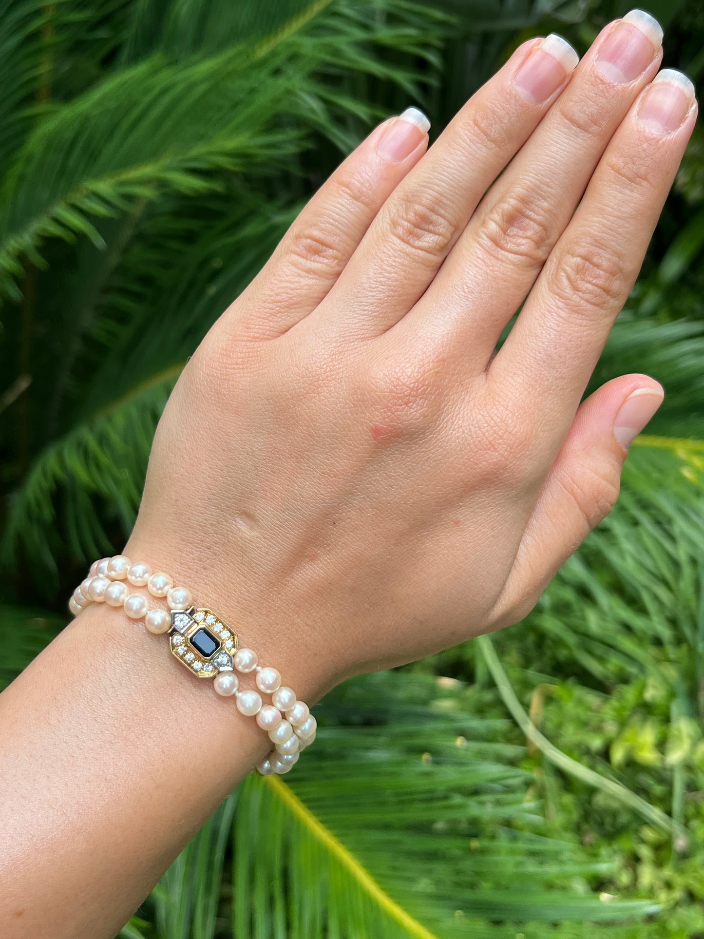 Vintage, 18K gold double-strand cultured pearl, sapphire and diamond bracelet