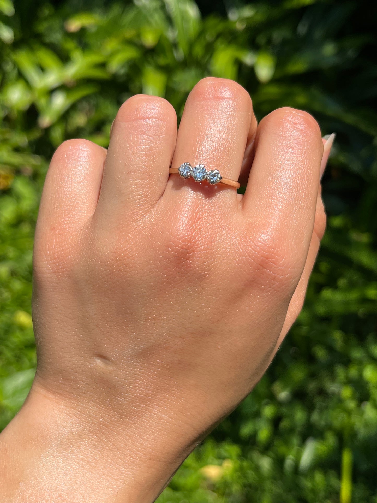 Mid-century 18K gold and platinum three-stone diamond ring