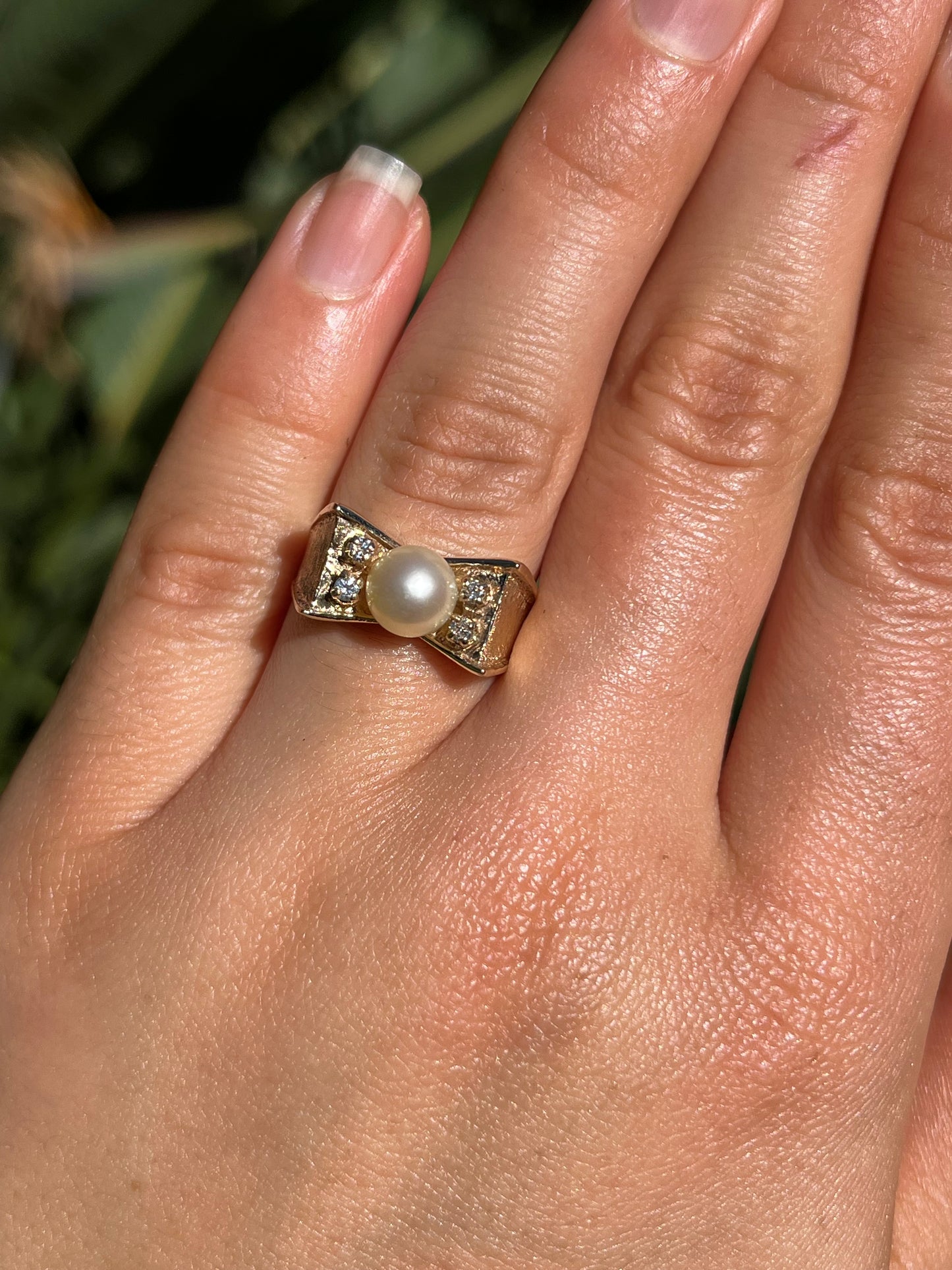 Vintage, 9K gold Akoya pearl and diamond ring