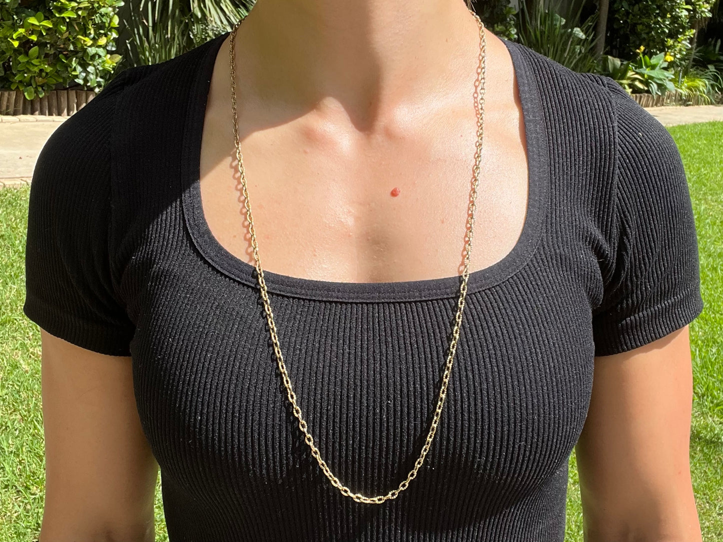 Vintage, 9K gold opera length cable link chain necklace, Sheffield, 1975
