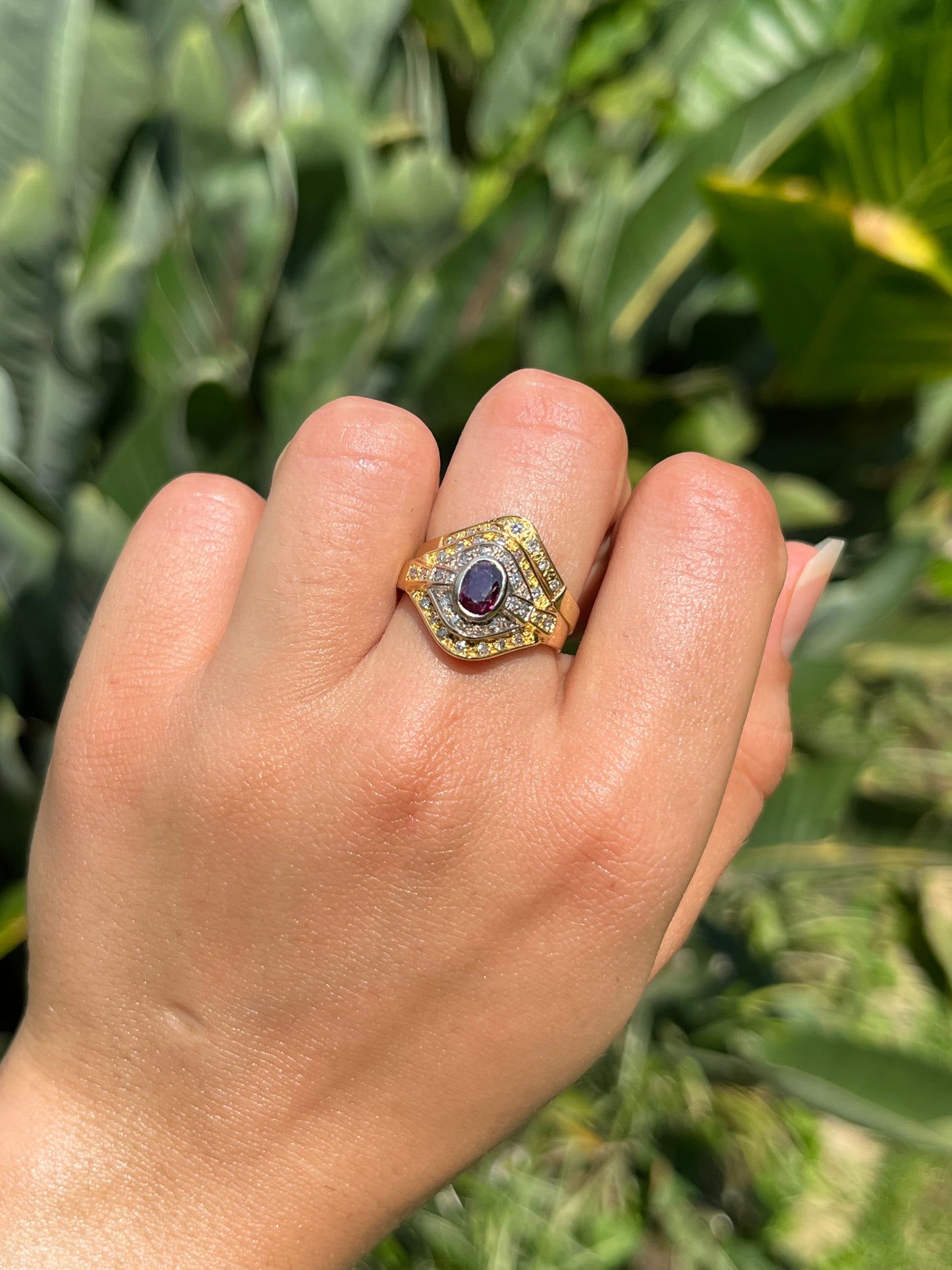 Vintage, 18K gold ruby and diamond wedding set