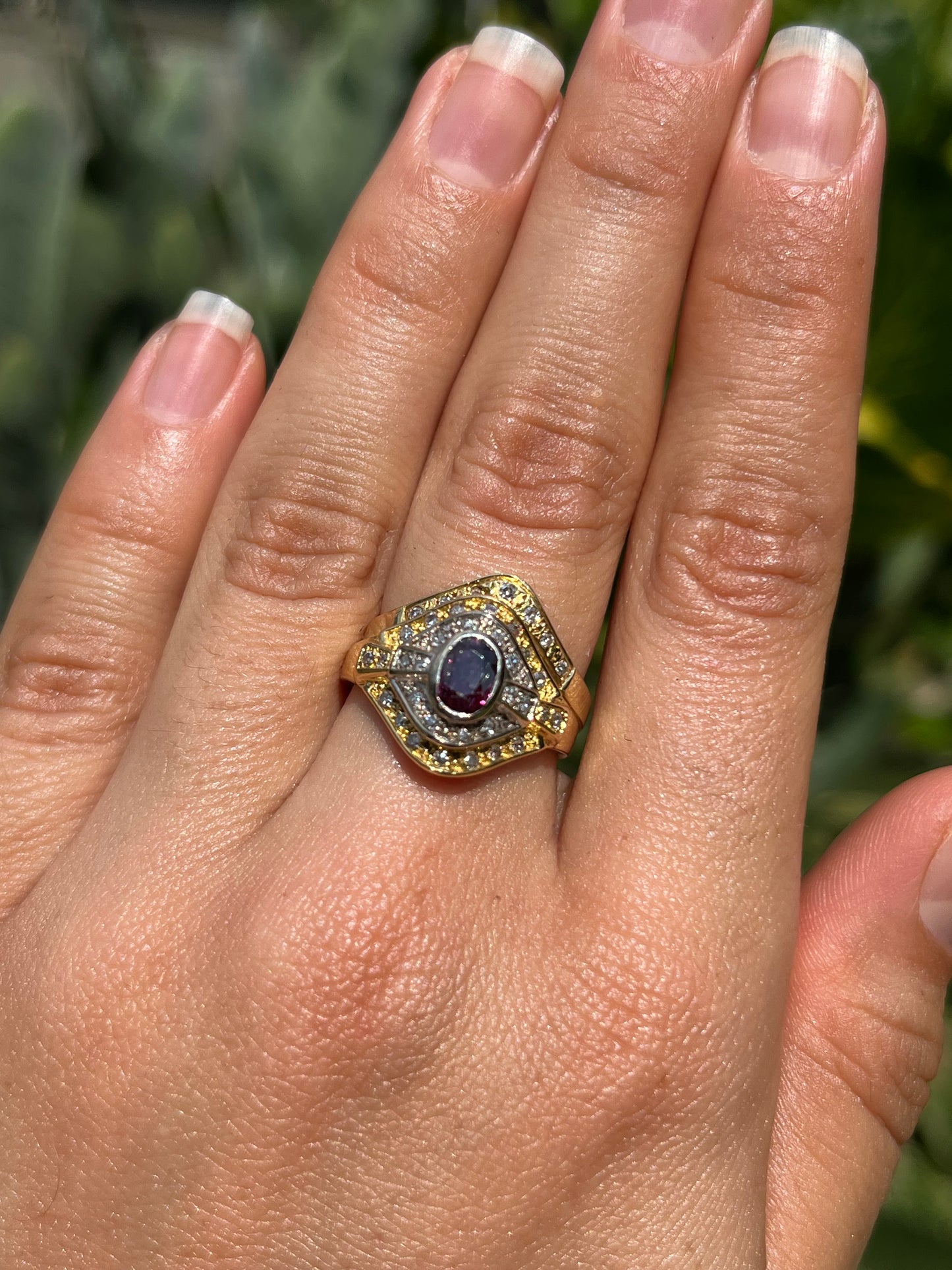 Vintage, 18K gold ruby and diamond wedding set