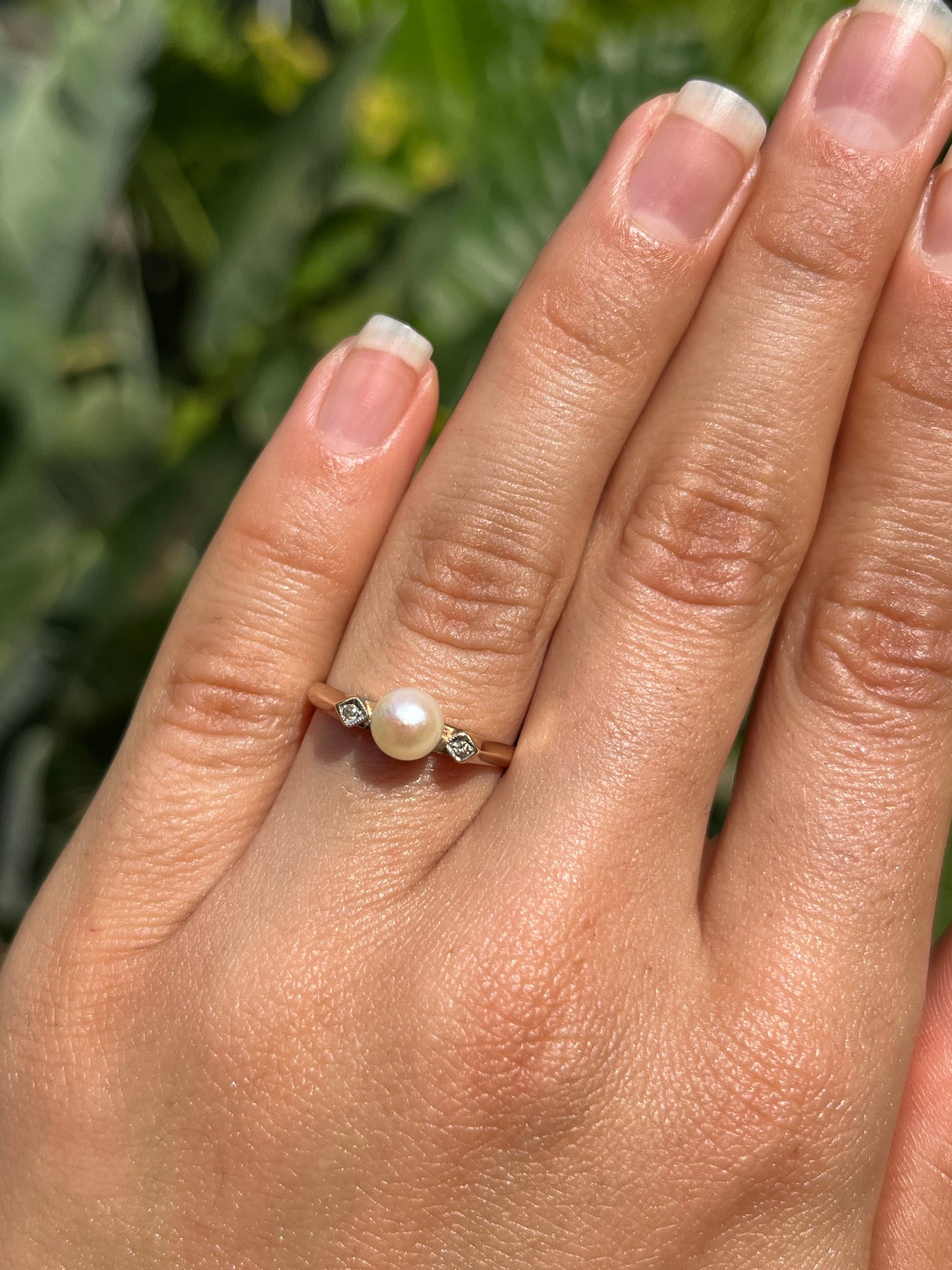 Vintage, 9K gold pearl and diamond ring.