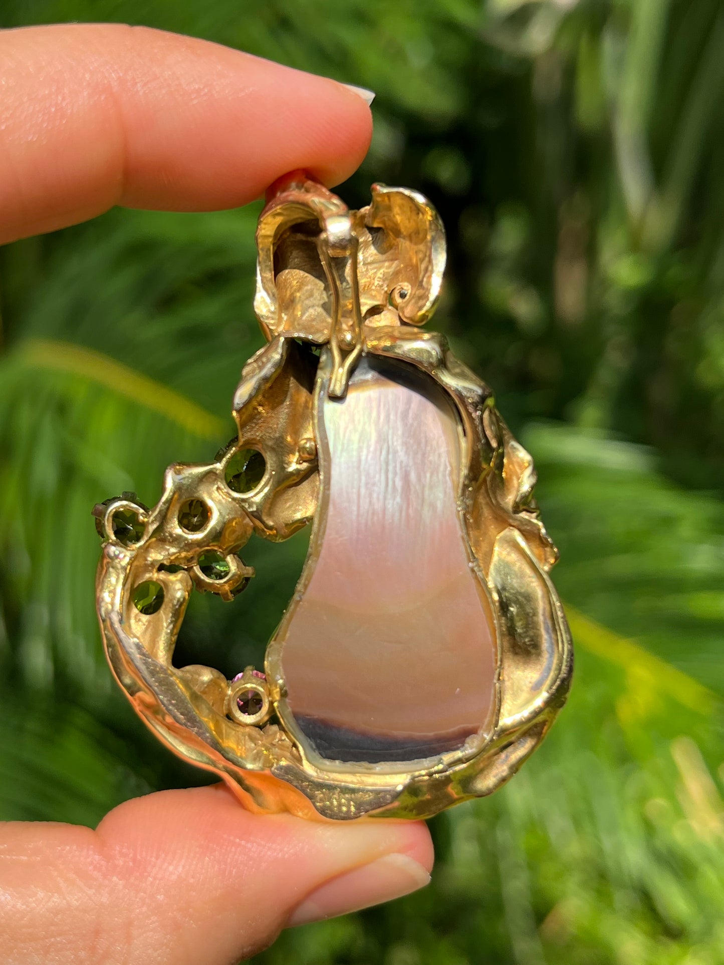 Vintage, designer 9K gold  mabé pearl, sapphire, tourmaline, citrine, amethyst, and diamond necklace enhancer.