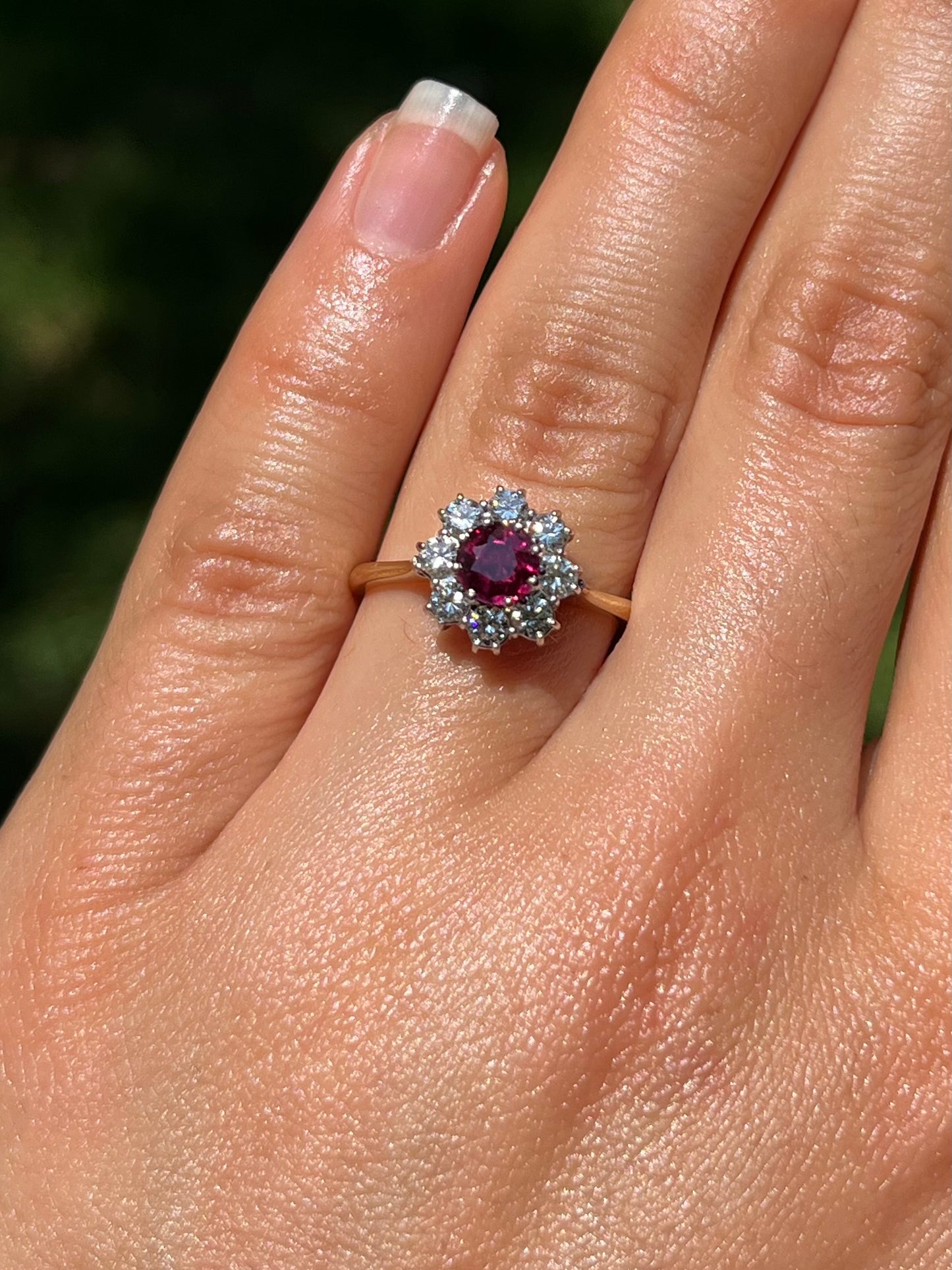 Mid-century, 18K gold ruby and diamond halo ring, Italy