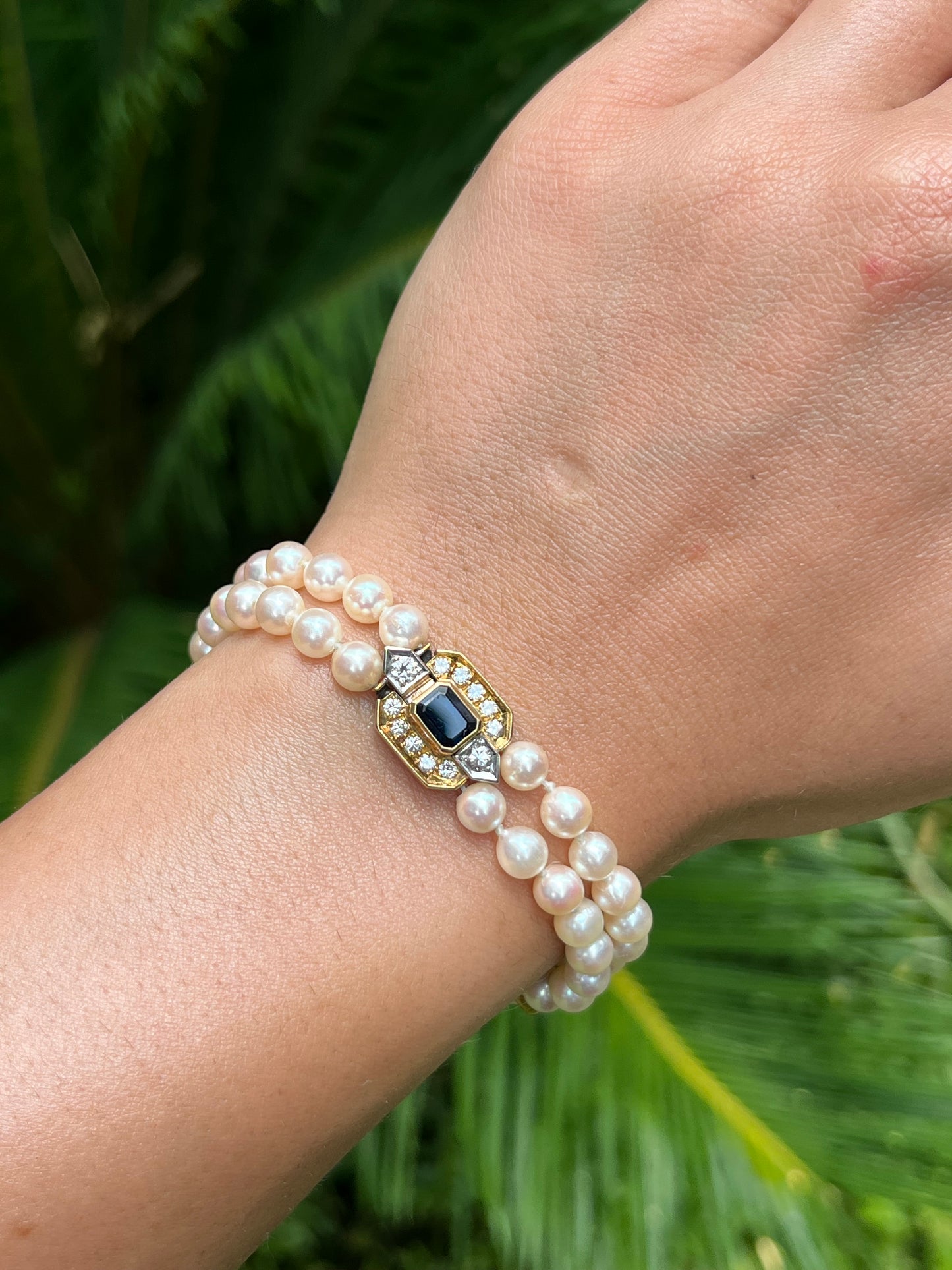 Vintage, 18K gold double-strand cultured pearl, sapphire and diamond bracelet