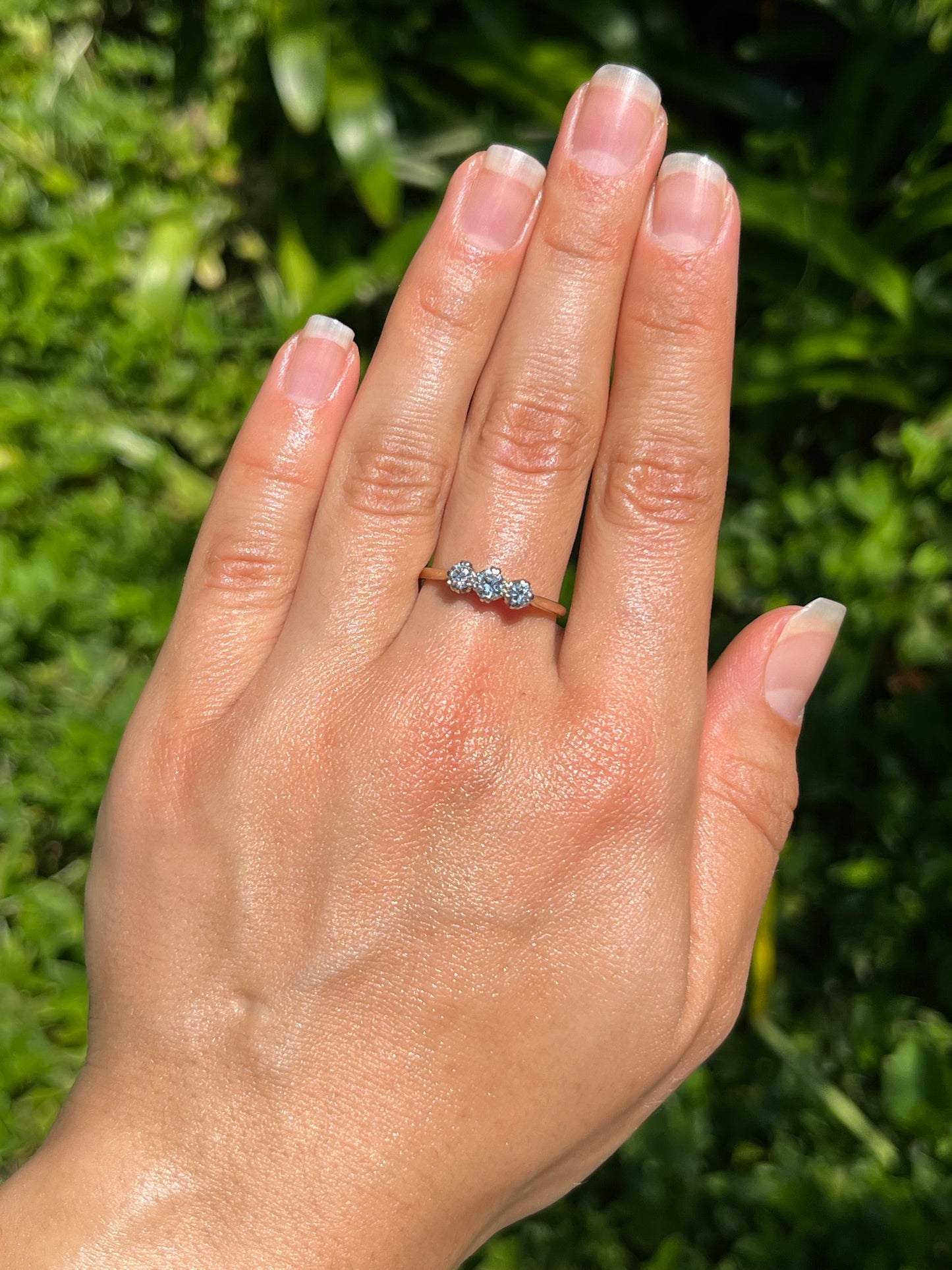Mid-century 18K gold and platinum three-stone diamond ring