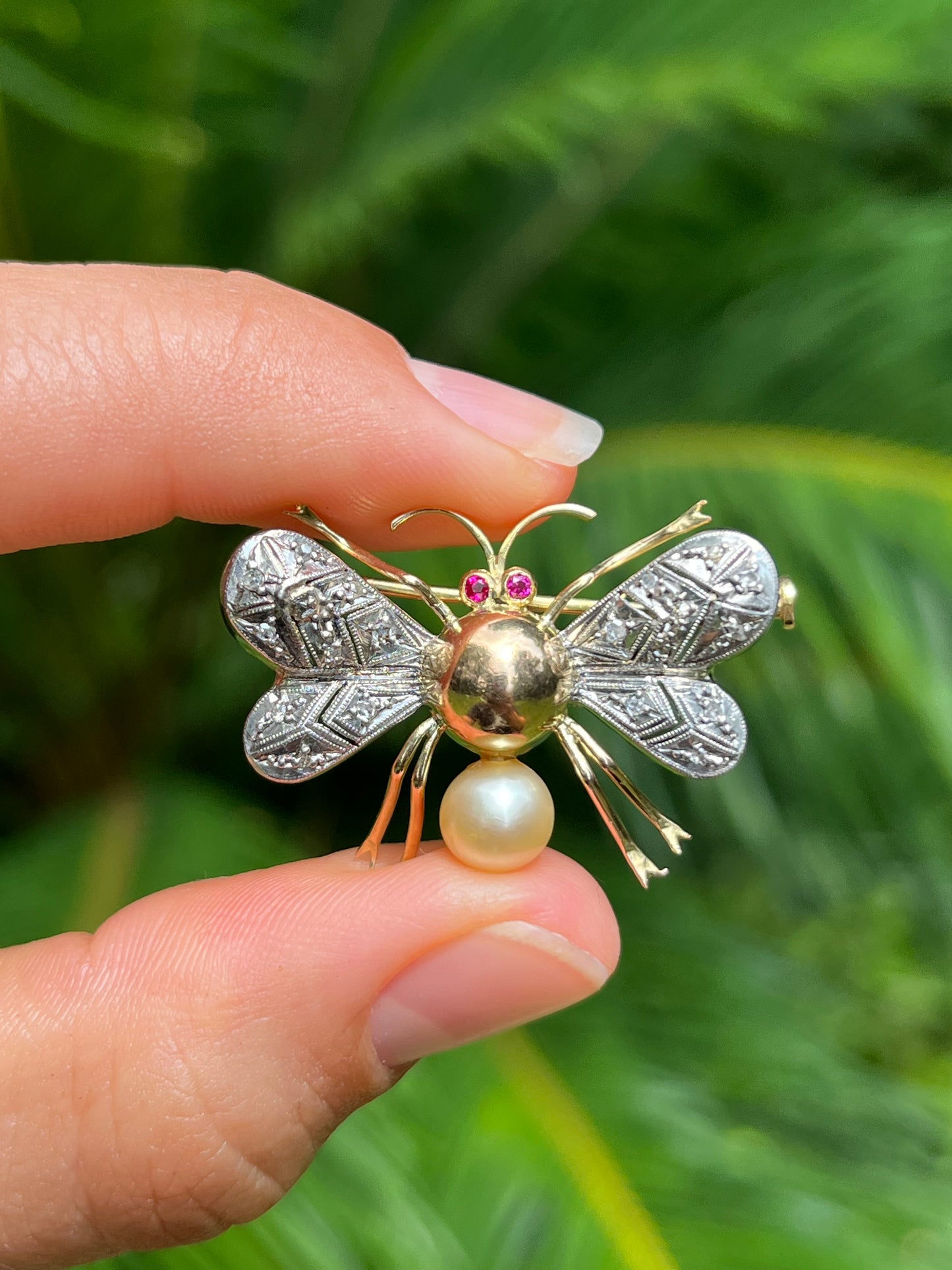Mid-century, 14K gold ruby, diamond and pearl bee brooch