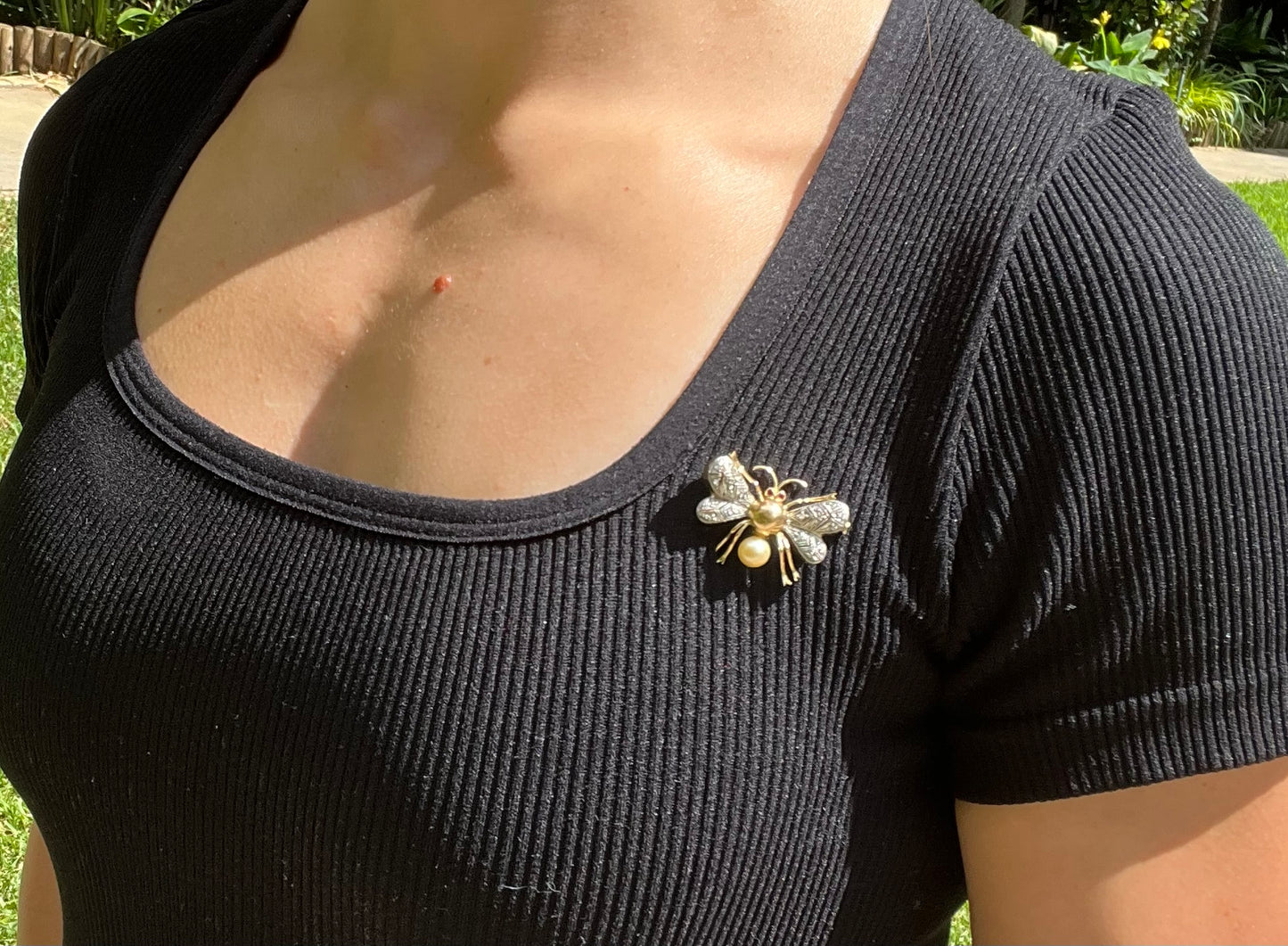 Mid-century, 14K gold ruby, diamond and pearl bee brooch