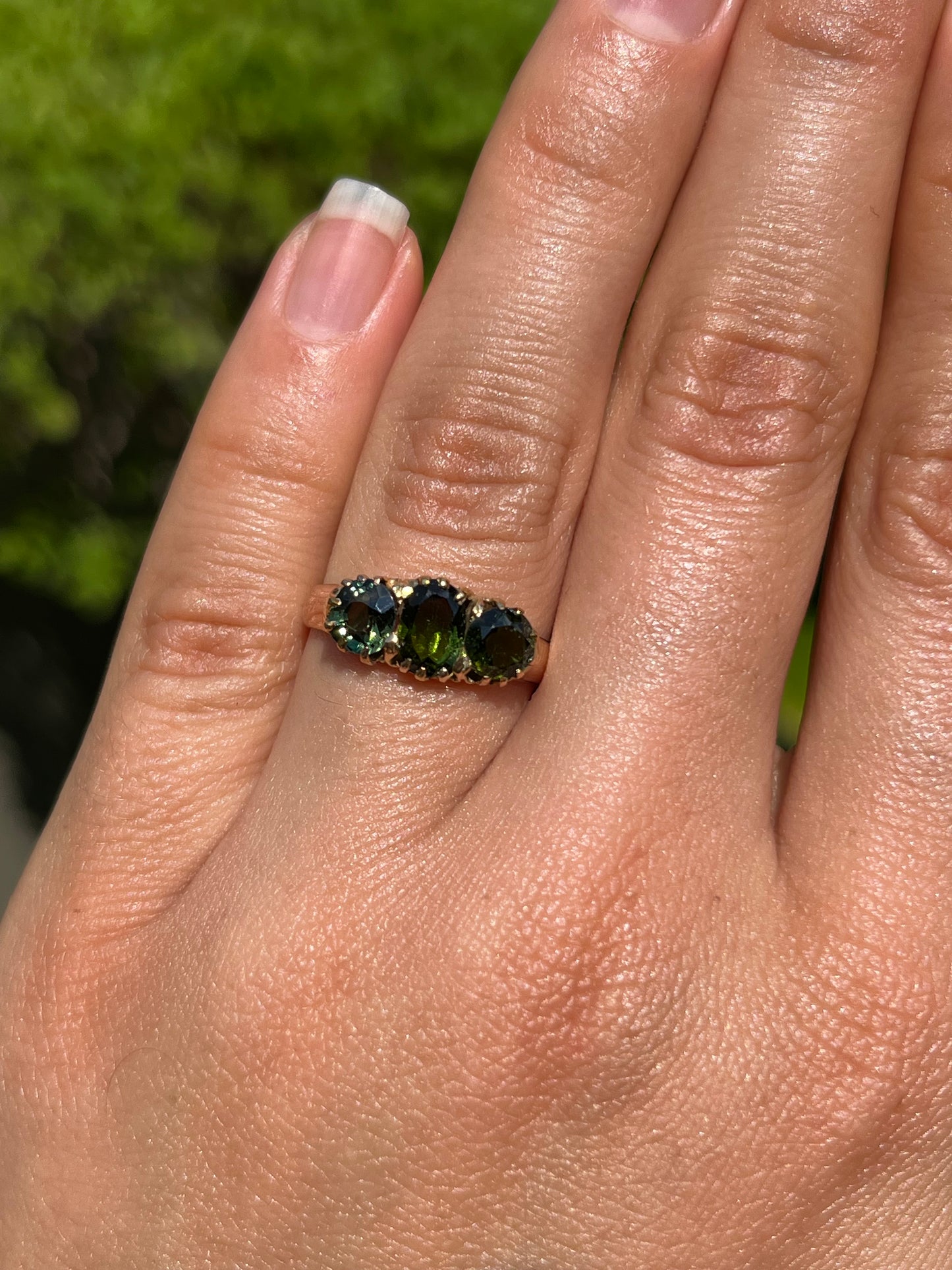 Vintage, 12K gold tourmaline and sapphire and ring