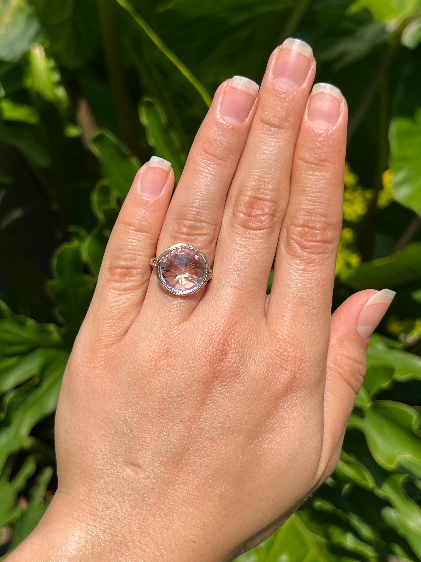 Estate, 9K gold amethyst and diamond ring