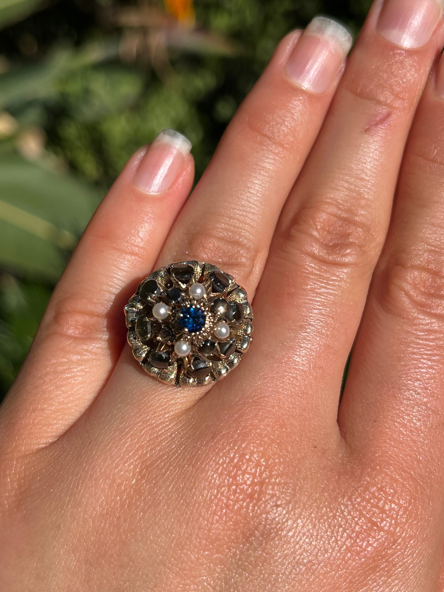 Mid-century, 14K gold blue sapphire, brown star sapphire, and pearl Thai Princess 'spinner' ring