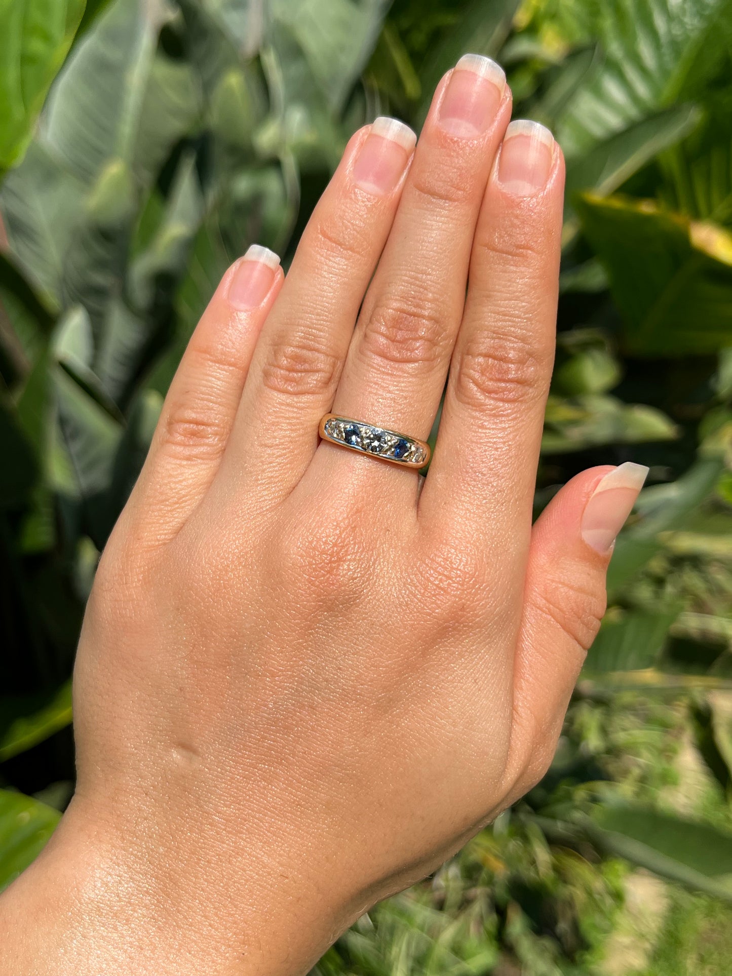 Estate, 18K gold diamond and sapphire half eternity ring
