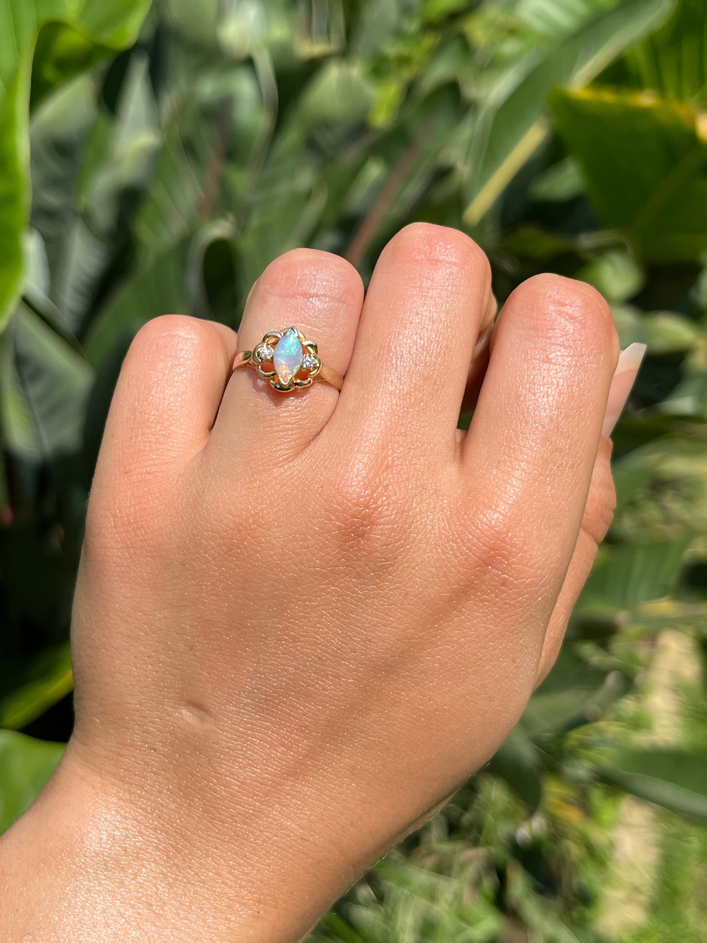Mid-century, 18K gold opal and diamond ring