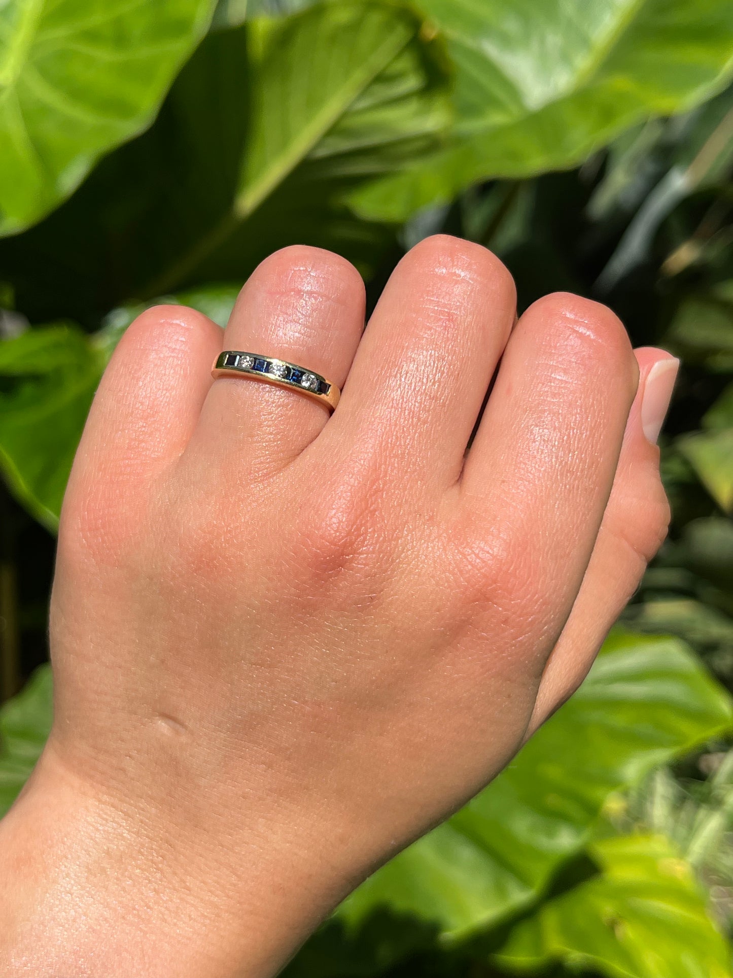 Vintage, 18K gold sapphire and diamond half eternity ring