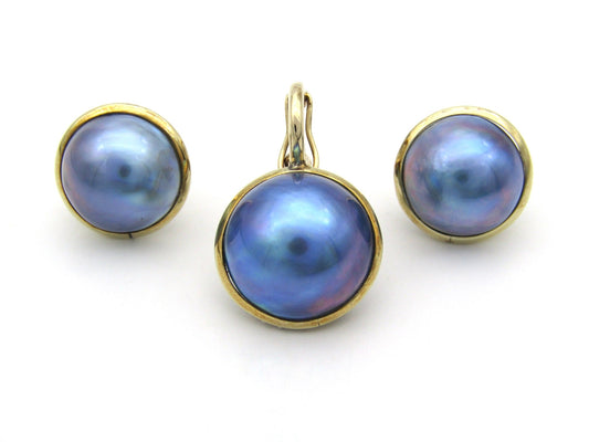 Estate, 9K gold round mabé pearl earrings and enhancer set by Jack Friedman