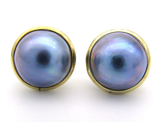 Estate, 9K gold round mabé pearl earrings and enhancer set by Jack Friedman
