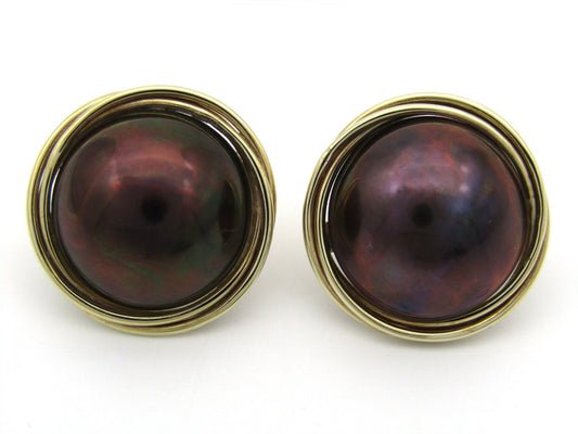 Vintage, 9K gold round mabé pearl earrings, circa 1980's by Jack Friedman