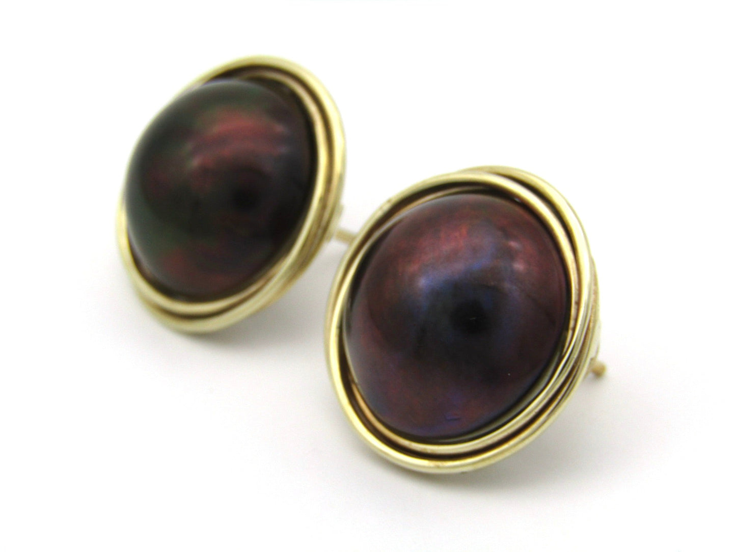 Vintage, 9K gold round mabé pearl earrings, circa 1980's by Jack Friedman