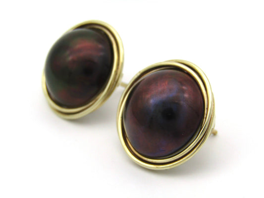 Vintage, 9K gold round mabé pearl earrings, circa 1980's by Jack Friedman