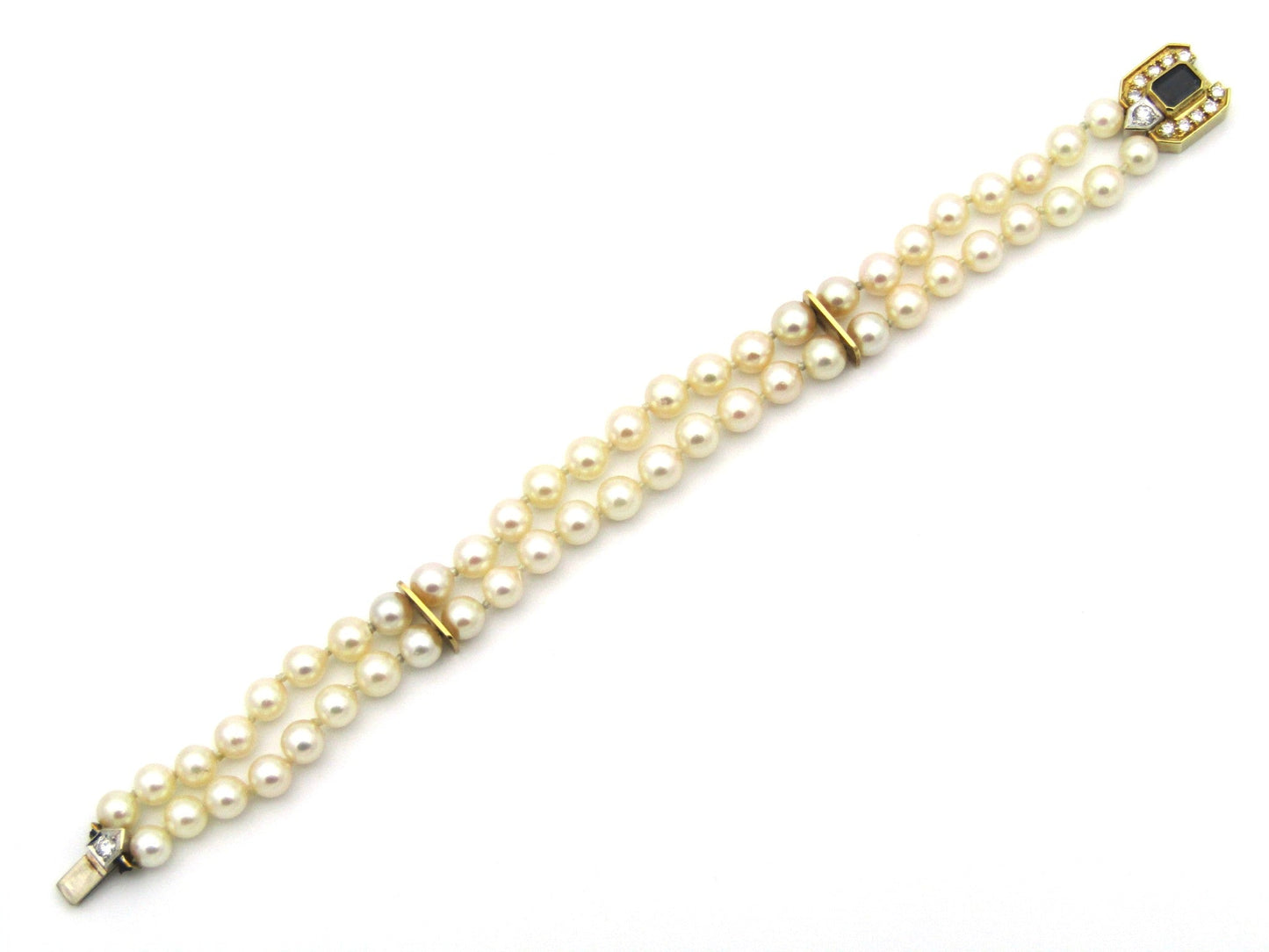 Vintage, 18K gold double-strand cultured pearl, sapphire and diamond bracelet