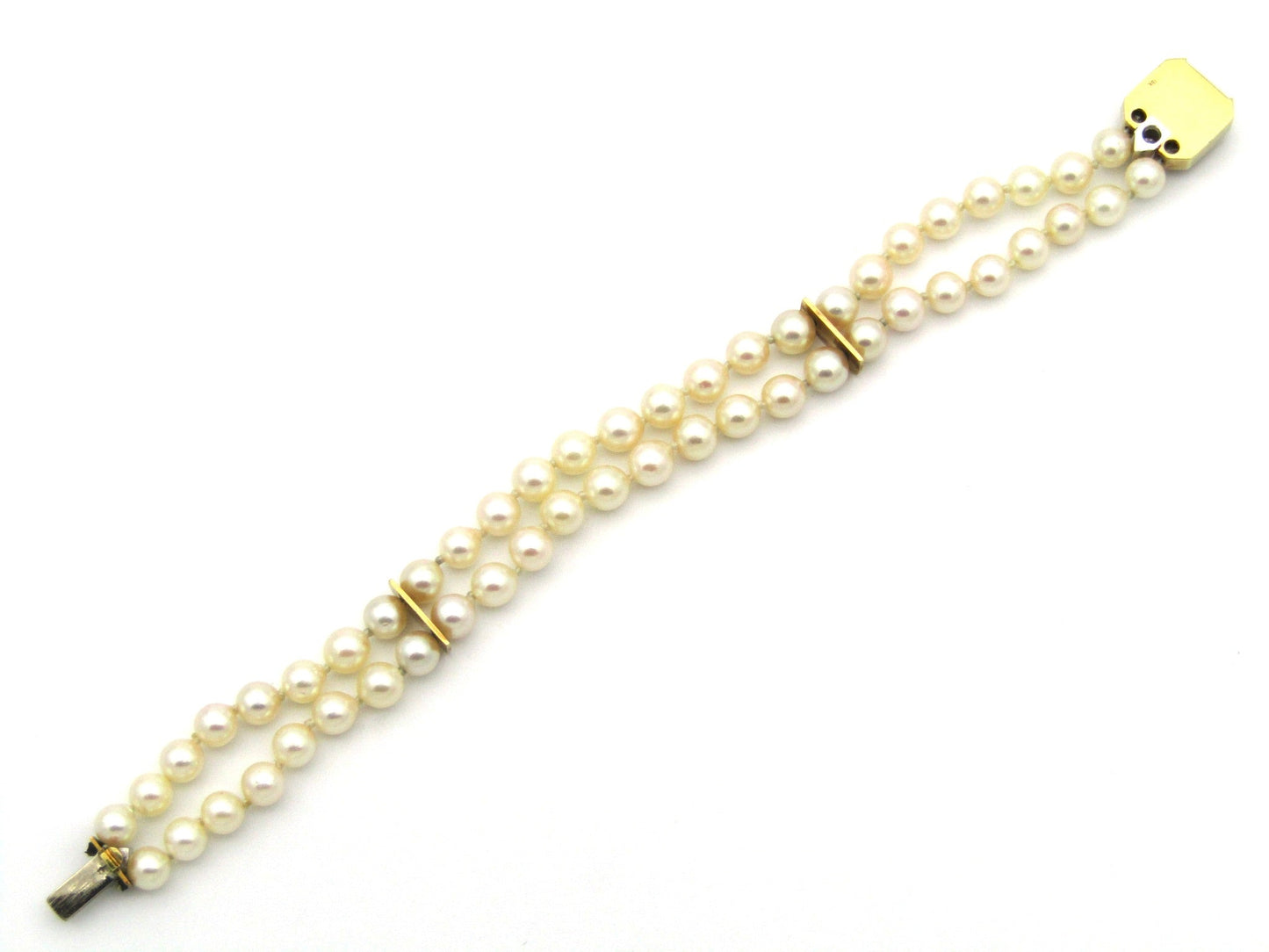 Vintage, 18K gold double-strand cultured pearl, sapphire and diamond bracelet