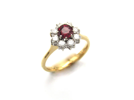 Mid-century, 18K gold ruby and diamond halo ring, Italy