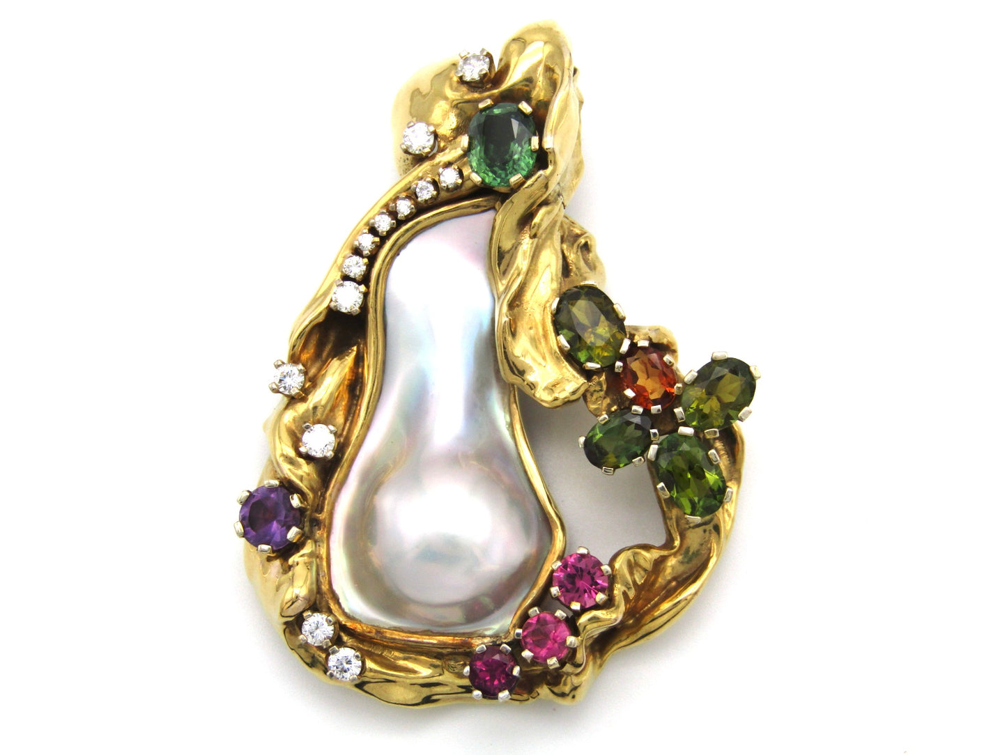 Vintage, designer 9K gold  mabé pearl, sapphire, tourmaline, citrine, amethyst, and diamond necklace enhancer.