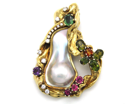 Vintage, designer 9K gold  mabé pearl, sapphire, tourmaline, citrine, amethyst, and diamond necklace enhancer.