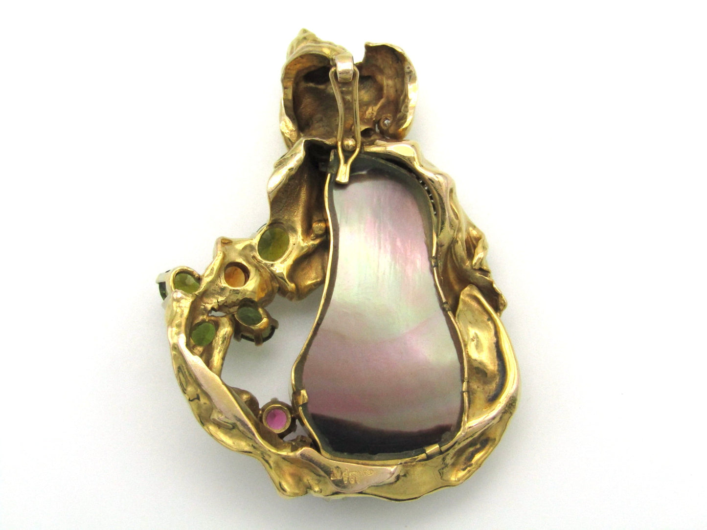 Vintage, designer 9K gold  mabé pearl, sapphire, tourmaline, citrine, amethyst, and diamond necklace enhancer.