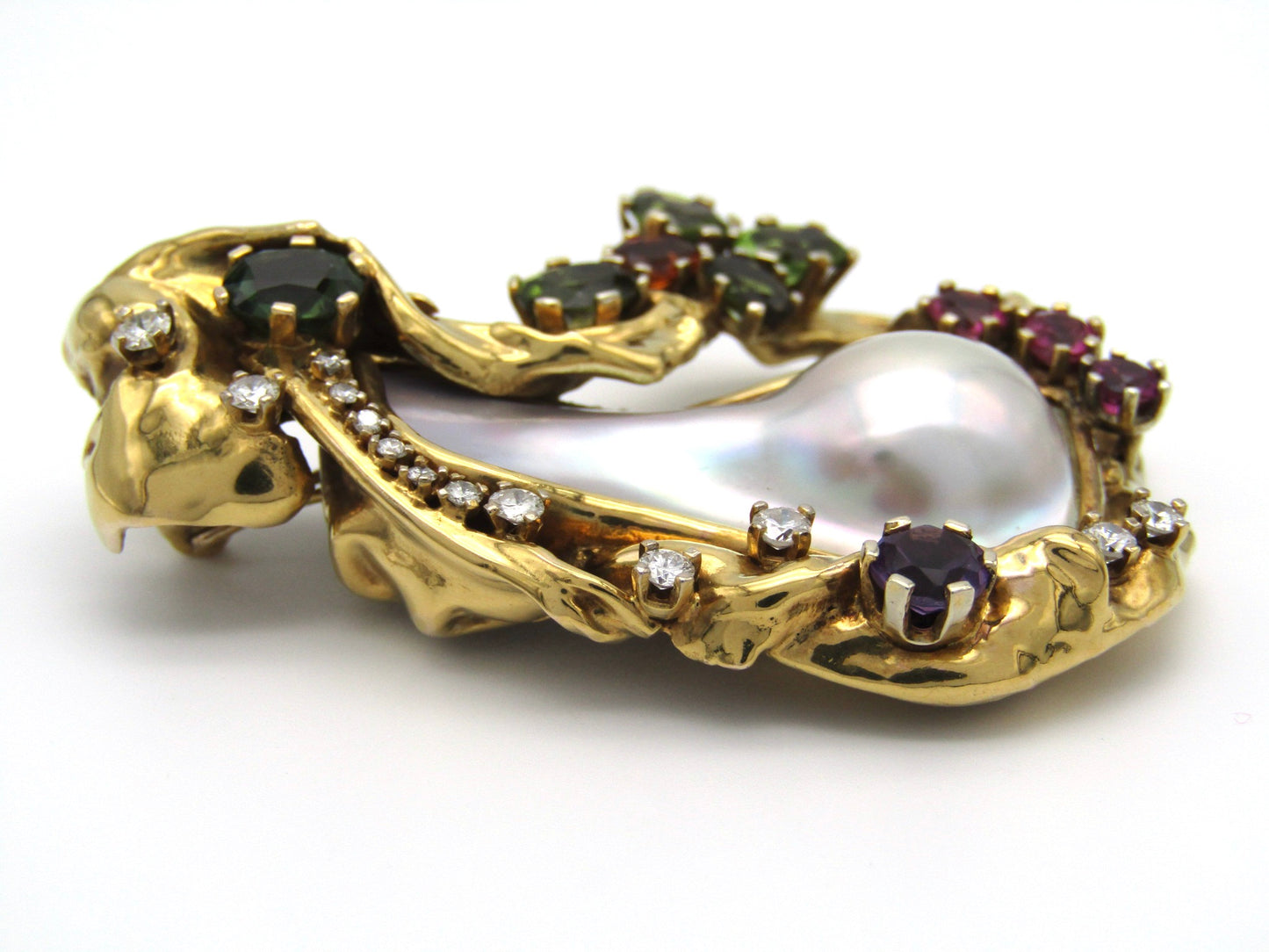 Vintage, designer 9K gold  mabé pearl, sapphire, tourmaline, citrine, amethyst, and diamond necklace enhancer.