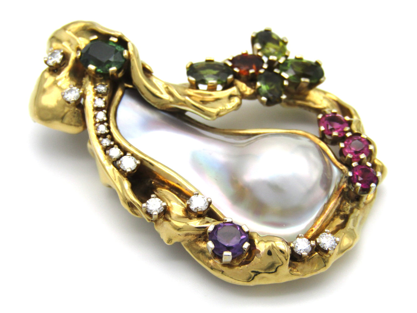 Vintage, designer 9K gold  mabé pearl, sapphire, tourmaline, citrine, amethyst, and diamond necklace enhancer.