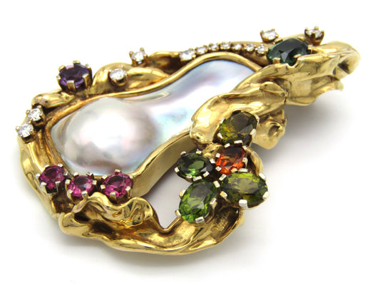 Vintage, designer 9K gold  mabé pearl, sapphire, tourmaline, citrine, amethyst, and diamond necklace enhancer.