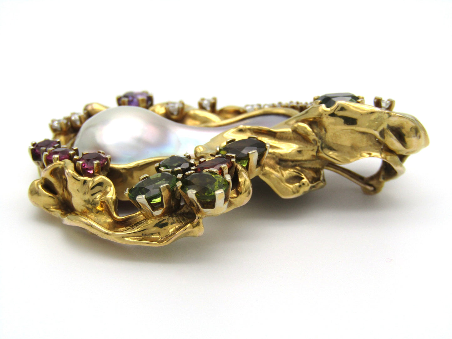 Vintage, designer 9K gold  mabé pearl, sapphire, tourmaline, citrine, amethyst, and diamond necklace enhancer.