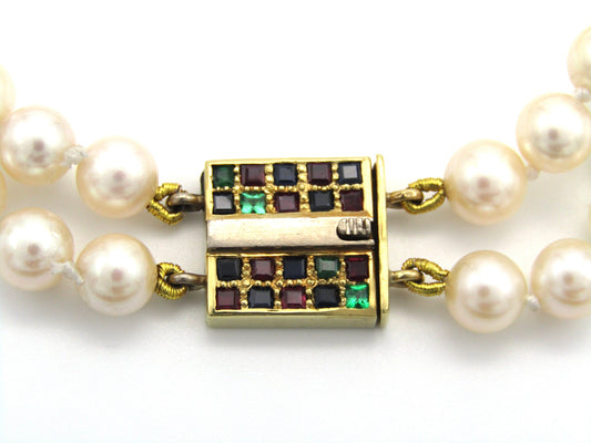Mid-century, 18K gold double-strand cultured pearl, ruby, sapphire and emerald bracelet