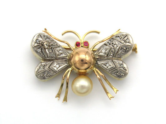 Mid-century, 14K gold ruby, diamond and pearl bee brooch