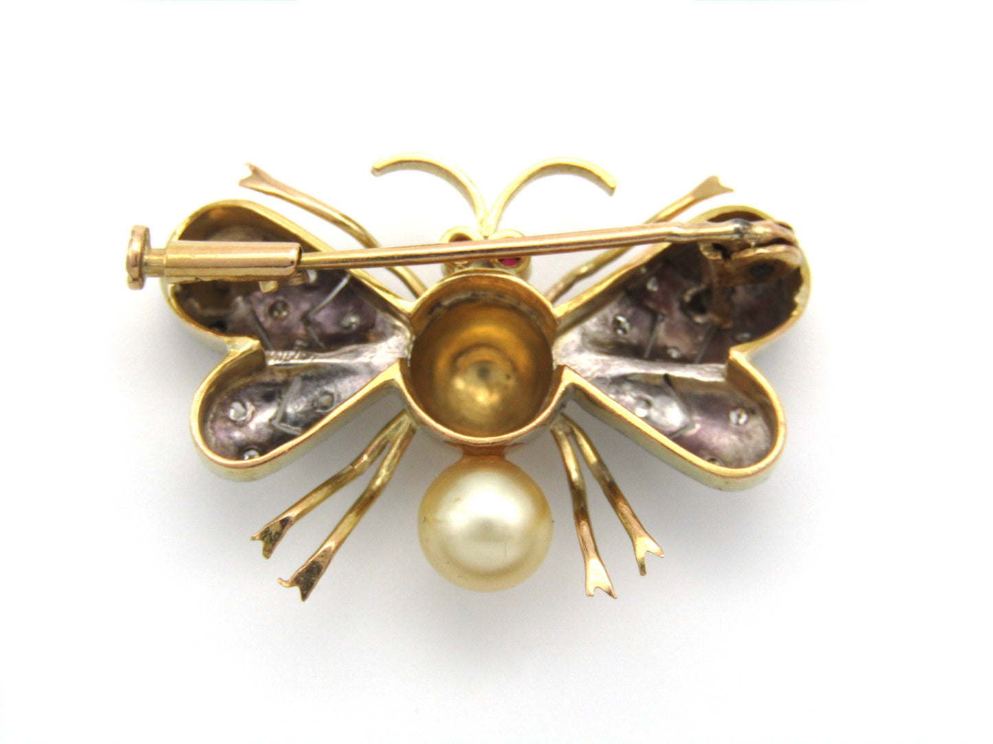 Mid-century, 14K gold ruby, diamond and pearl bee brooch