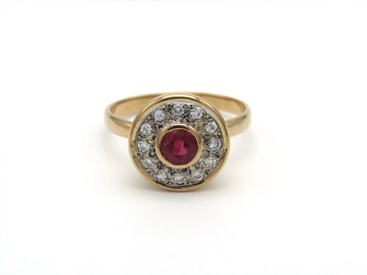 Vintage, 18K gold ruby and diamond halo ring